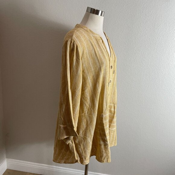Isaac Mizrahi Live Bridgehampton Womens Plus 2X Mustard Striped Linen Tunic Top - Picture 2 of 9